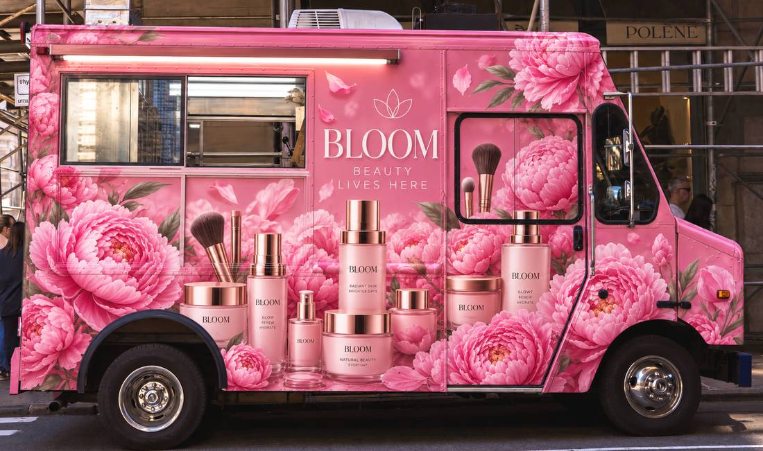 Concept mockup of a 10 Flavors ice cream truck fully wrapped in a beauty brand's pink floral design