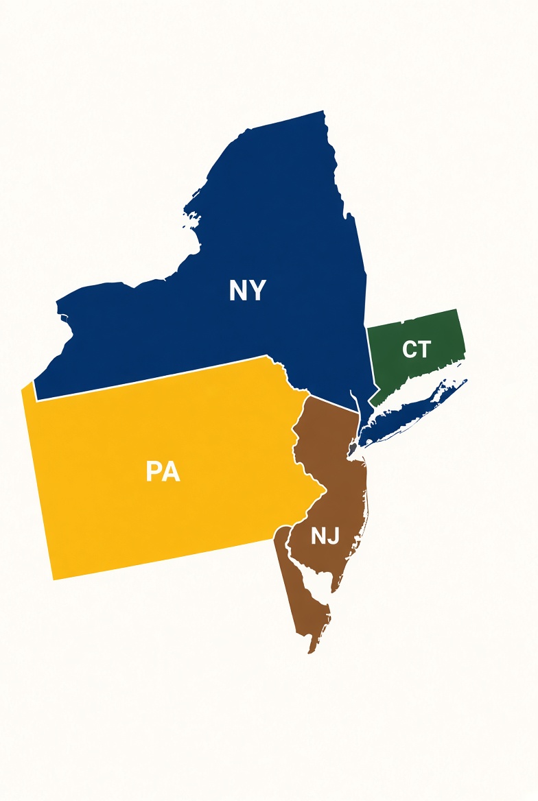 Map of New York, New Jersey, Connecticut and Pennsylvania service area for 10 Flavors ice cream truck